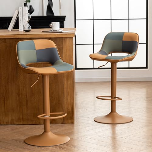 YOUNIKE Set of 2 Adjustable Patchwork Bar Stools - Boho Faux Leather Kitchen Chairs with Back, Tan and Green