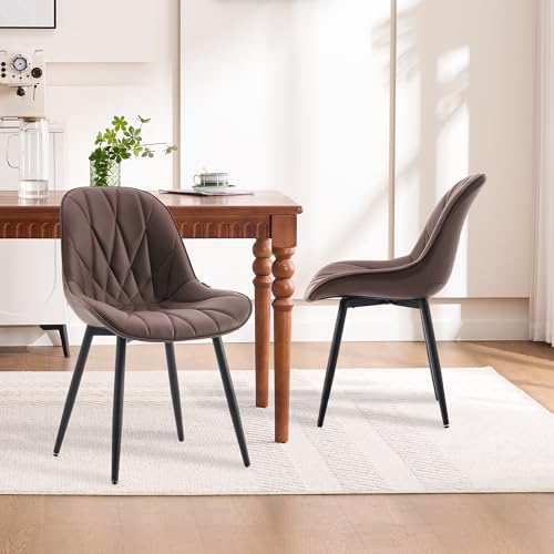 Modern Brown Faux Leather Dining Chairs Set of 2 for Kitchen and Dining Room