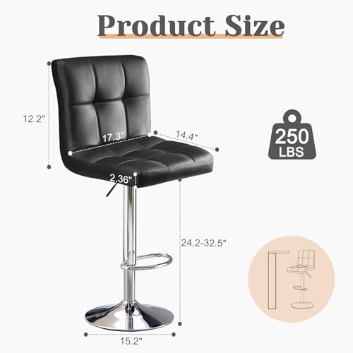 Set of 4 24 Counter Height Bar Stools for Kitchen Island, Black PU Leather & Metal Base