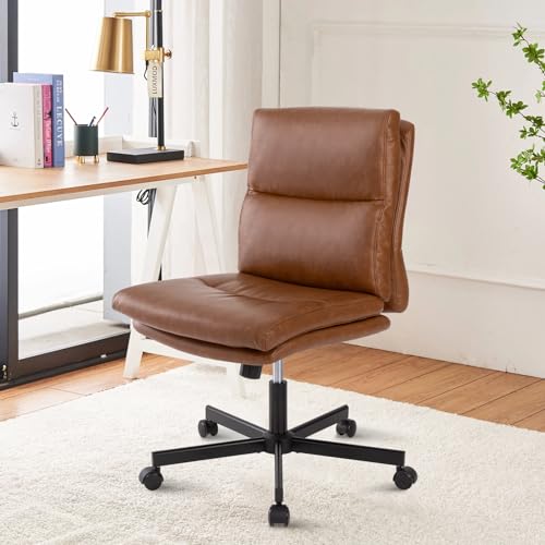LUCKWIND Armless Swivel Desk Chair with Wheels, Adjustable Height, Double-Padded PU Leather for Home, Office & Bedroom (Brown)