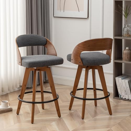 Modern 26.8 Inch Barstools Set of 2 for Kitchen Island, Swivel Counter Stools with Wood Back and Bamboo Legs