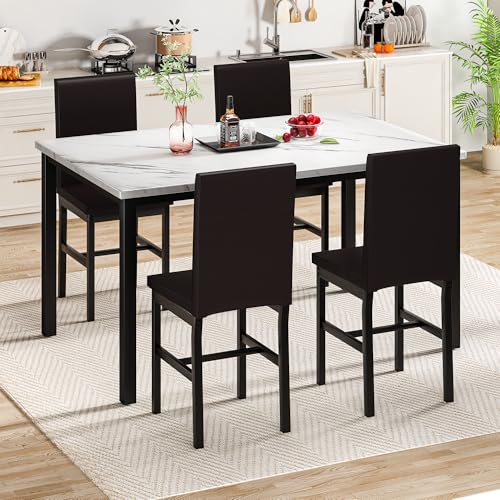 5-Piece Faux Marble Dining Table Set for 4 with PU Leather Chairs - Ideal for Small Spaces (White & Dark Brown)