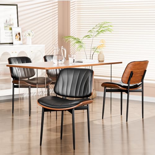 Set of 2 Mid-Century Modern Dining Chairs with Walnut Legs - Black PU Leather Upholstery