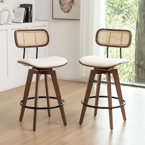 Mid Century Modern Swivel Rattan Bar Stools Set of 2
