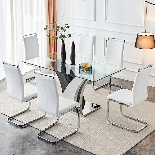 AZmac 63cm Glass Dining Table with 6 White PU Chairs