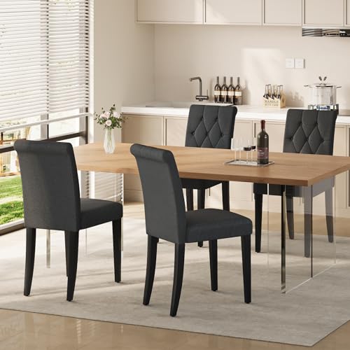 4-Piece Upholstered Dining Chairs Set, Black(Button Tufted, Solid Wood Legs)