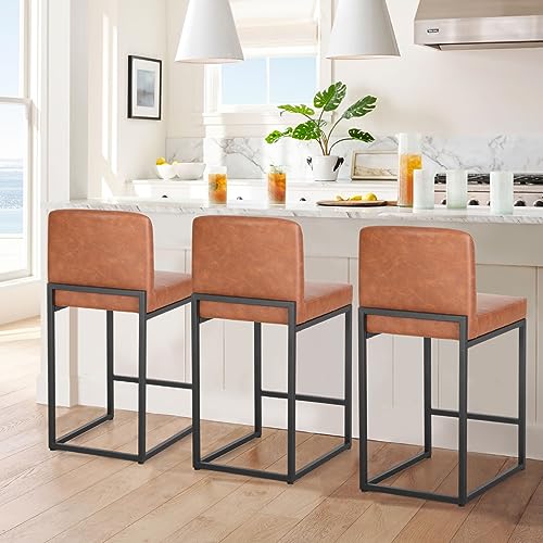 3 Brown Leather Counter Height Bar Stools in Set for Kitchen Counter by PHI VILLA