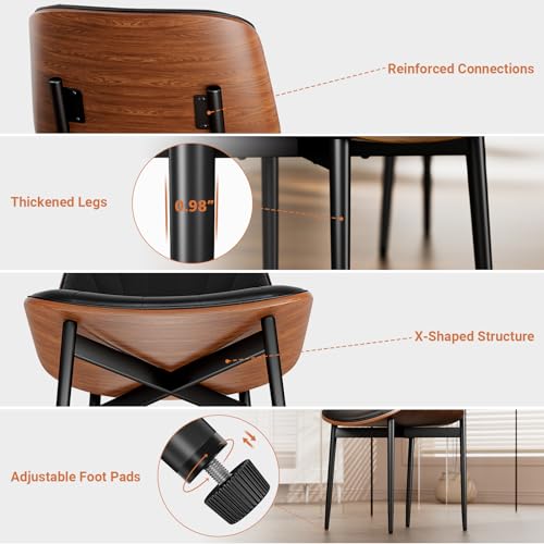 Mid-Century Modern Walnut Leg Dining Chair Set - Black PU Leather