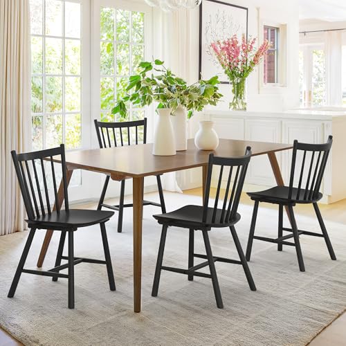 LUE BONA Set of 4 Farmhouse Wooden Dining Chairs, Black Windsor Style